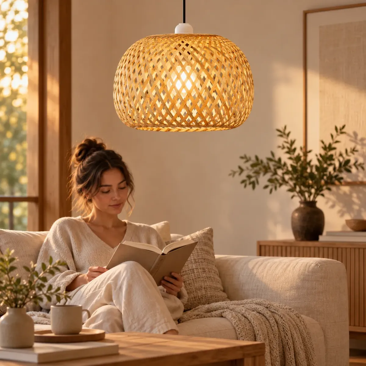 Lustre Malibu em sala com poltrona e iluminação natural