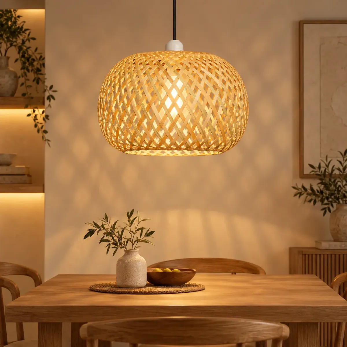 Lustre Malibu iluminado sobre uma mesa em ambiente decorado