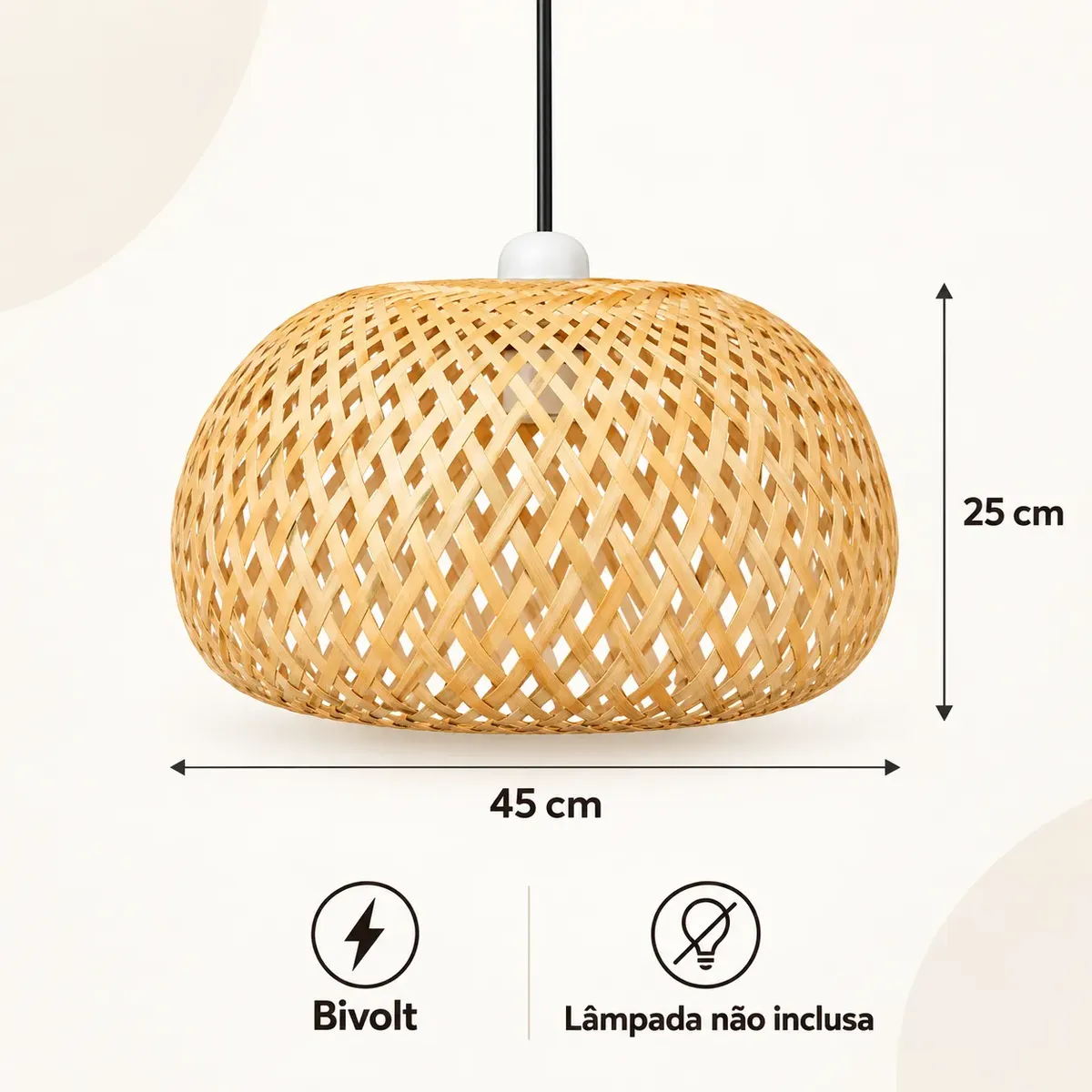 Imagem técnica do Lustre Malibu com 45 cm de diâmetro e 25 cm de altura